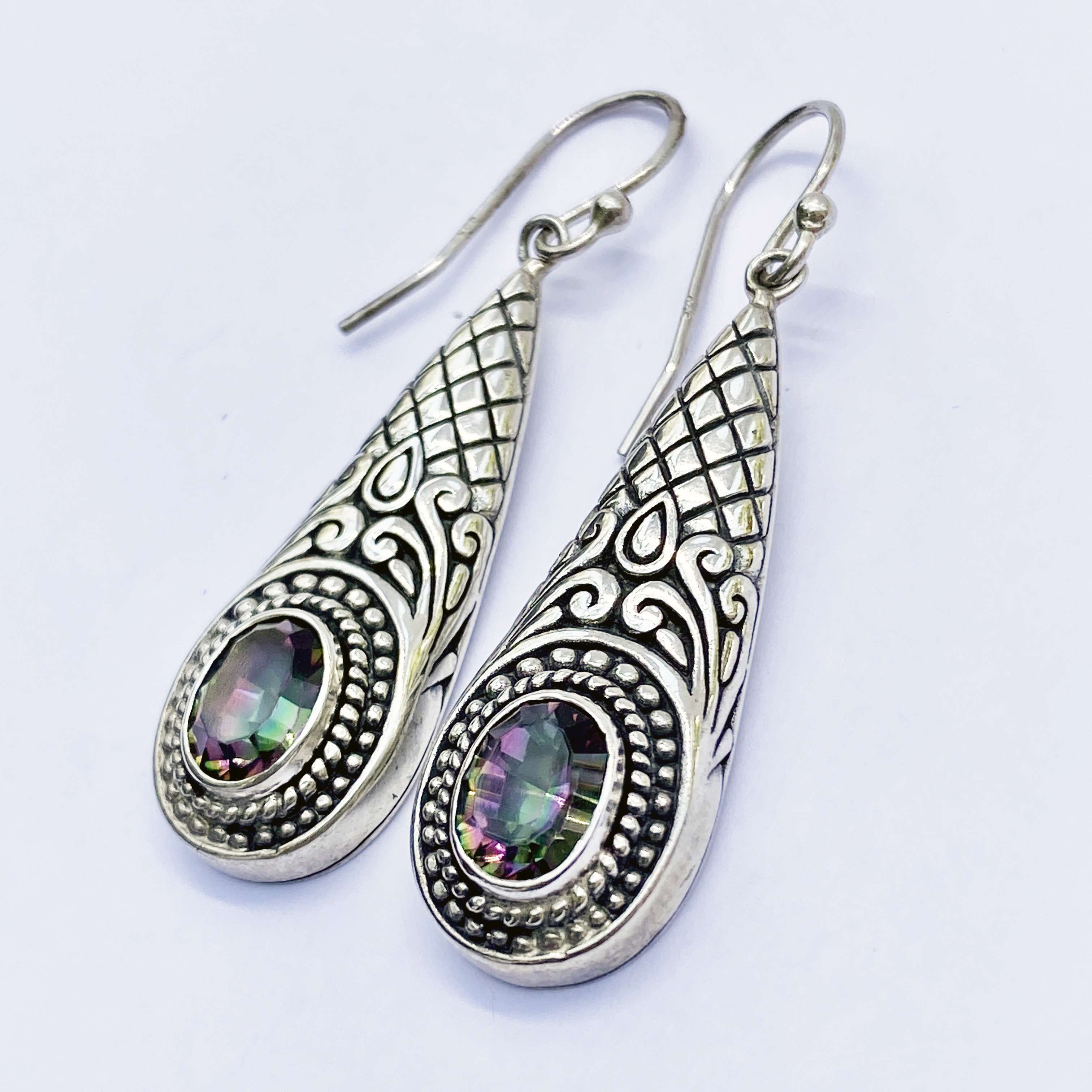 (HANDMADE 925 BALI SILVER FILIGREE EARRINGS WITH MYSTIC TOPAZ)